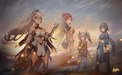  4girls :o absurdres antenna_hair arepko ass bandages bare_shoulders black_hair black_pants blue_eyes blue_jacket boots bow bowtie breasts bronya_zaychik bronya_zaychik_(wolf&#039;s_dawn) brown_jacket brown_shorts cape cleavage closed_mouth cloud cloudy_sky drill_hair fu_hua fu_hua_(valkyrie_accipiter) fur_collar gauntlets grey_eyes grey_hair hair_between_eyes hair_ornament highres homu_(honkai_impact) honkai_(series) honkai_impact_3rd jacket kiana_kaslana kiana_kaslana_(herrscher_of_flamescion) long_hair long_sleeves looking_at_viewer looking_back multiple_girls murata_himeko murata_himeko_(vermillion_knight) open_mouth outdoors pants ponytail red_hair school_uniform shorts sky sunset thigh_boots thighhighs torn_cape torn_clothes twin_drills white_footwear white_hair yellow_bow yellow_bowtie yellow_eyes 