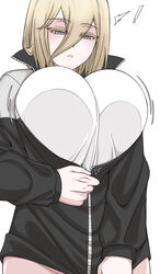  ! aponia_(honkai_impact) bearkim blonde_hair breasts casual female highres honkai_(series) honkai_impact_3rd inconvenient_breasts jacket large_breasts long_bangs parted_lips shirt simple_background solo standing white_background zipper zipping 