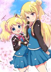  2girls :d alice_cartelet blonde_hair blue_eyes blush bow cherry_blossoms graduation hair_ornament hairclip highres kin-iro_mosaic kujou_karen long_hair looking_at_viewer moegi_high_school_uniform multiple_girls open_mouth outdoors purple_bow purple_eyes school_uniform smile tube twintails x_hair_ornament yuu2 