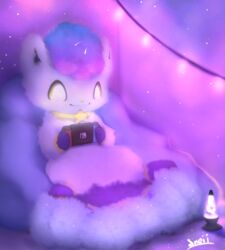  absurd_res ambiguous_gender feral fur generation_1_pokemon hi_res lamp lava_lamp mammal nintendo nintendo_switch pokemon pokemon_(species) simple_background smile snoiifoxxo solo vulpix white_body white_fur yellow_eyes yellow_sclera 