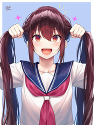  :d arms_up bunching_hair collarbone commentary female hair_between_eyes highres long_hair looking_at_viewer neckerchief oekakizuki open_mouth original red_eyes red_hair sailor_collar school_girl_(oekakizuki) school_uniform serafuku shirt shirt_overhang sidelocks signature smile solo sparkle twintails upper_body white_shirt 