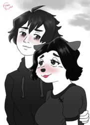  absurd_res alternative_fashion anthro black_eyebrows black_eyes black_hair blush breasts canid canine canis clothing cloudy_(disambiguation) doge dogelore domestic_dog doomer_(meme) doomer_boy doomer_girl duo eye_contact eyebrows female goth hair hi_res hoodie hug human human_on_anthro interspecies looking_at_another male male/female mammal meme romantic romantic_couple shiba_inu signature simple_background spitz sweater toonarscontent topwear white_background wojak 