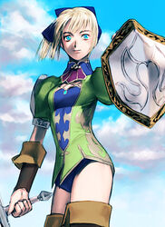  blonde_hair blue_eyes bow breasts cassandra_alexandra closed_mouth cloud detached_sleeves female hairbow leotard ponytail sakamoto_mineji shield short_hair smile solo soulcalibur soulcalibur_ii sword thighhighs weapon 