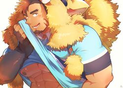  1boy abs animal_hood bara blush boar_boy boar_hood body_fur brown_hair facial_hair forked_eyebrows from_side goatee gullinbursti_(housamo) highres hood large_pectorals long_sideburns looking_at_viewer looking_to_the_side male_focus muscular muscular_male nipples official_alternate_costume pectorals sawch_cls short_hair sideburns solo sweat thick_eyebrows tokyo_afterschool_summoners underpec upper_body wiping_sweat 