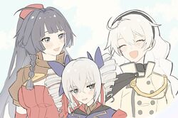  3girls :d ^_^ ahoge black_hair black_hairband black_shirt blue_jacket braid bronya_zaychik bronya_zaychik_(valkyrie_chariot) brown_shirt butterfly_hair_ornament closed_eyes collared_shirt commentary_request cropped_torso dress drill_hair eyebrows_hidden_by_hair grey_eyes grey_hair hair_between_eyes hair_intakes hair_ornament hairband honkai_(series) honkai_impact_3rd jacket kiana_kaslana kiana_kaslana_(valkyrie_ranger) multiple_girls puffy_short_sleeves puffy_sleeves raiden_mei raiden_mei_(valkyrie_bladestrike) red_dress shirt short_sleeves shrug_(clothing) smile twin_braids twin_drills twintails upper_body white_hair white_jacket zhen_wuzei 