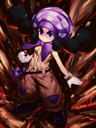  belt black_belt black_footwear black_hair bonnet boots commentary_request eyelashes female floating_hair gloves hapu_(pokemon) highres holding holding_poke_ball ie_(raarami) legs_apart long_hair poke_ball poke_ball_(basic) pokemon pokemon_sm pouch purple_eyes purple_headwear rock solo standing thick_eyebrows twintails white_gloves 