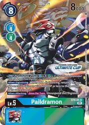  armor card_(medium) character_name claws commentary_request copyright_name creature digimon digimon_(creature) digimon_adventure_02 digimon_card_game fangs horns mask muscular no_humans paildramon red_eyes shoulder_armor single_horn stingmon watanabe_kenji weapon wings xv-mon 