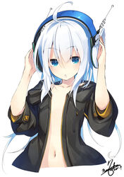  ahoge arms_up black_jacket blue_eyes coat commentary_request cropped_torso dated female hair_between_eyes headphones highres hood hood_down hooded_jacket jacket long_hair naked_coat nanaroku_(fortress76) open_clothes open_jacket short_sleeves signature simple_background solo upper_body very_long_hair white_background white_hair yui_(z/x) z/x 