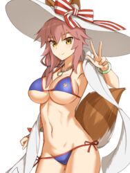  animal_ear_fluff animal_ears bare_shoulders bikini blue_bikini blush bracelet breasts cleavage collarbone ears_through_headwear elfenlied22 fate/grand_order fate_(series) female fox_ears fox_girl fox_tail hair_between_eyes halterneck hat highres jewelry large_breasts long_hair looking_at_viewer navel necklace pink_hair sash side-tie_bikini_bottom simple_background smile solo string_bikini sun_hat swimsuit tail tamamo_(fate) tamamo_no_mae_(swimsuit_lancer)_(fate) tamamo_no_mae_(swimsuit_lancer)_(third_ascension)_(fate) thighs underboob w white_background yellow_eyes 