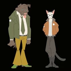  1:1 2022 animated anthro biped black_background black_hair blazer bomber_jacket boots bottomwear brown_body brown_fur canid canine canis clothing digital_media_(artwork) disco_elysium domestic_cat domestic_dog duo eyewear felid feline felis footwear fur glasses hair harrier_du_bois imgaywasp kim_kitsuragi male mammal necktie oversized_bottomwear oversized_clothing oversized_pants pants round_glasses shirt short_playtime simple_background topwear white_body white_fur 