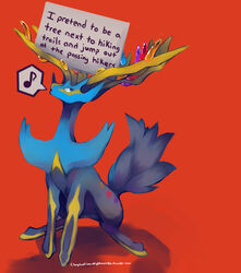  blue_eyes claymation-nightmares commentary english_commentary highres horns legendarysoulii musical_note no_humans orange_background pet_shaming pokemon pokemon_(creature) shadow simple_background solo spoken_musical_note watermark web_address xerneas 