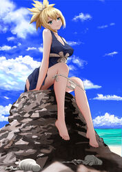  absurdres bad_id bad_pixiv_id barefoot blonde_hair blue_dress blue_eyes blue_sky blush breasts choker covered_nipples dr._stone dress feet female full_body gibun_(sozoshu) highres kohaku_(dr._stone) large_breasts looking_at_viewer outdoors panties panty_pull ponytail rope_belt sandals sitting sky sleeveless sleeveless_dress smile solo toes underwear unworn_sandals white_choker white_panties 