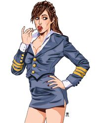  1girls autumn_reeser big_breasts breasts brown brown_hair cleavage command_and_conquer general hair human lissette_hanley lollipop oral red_alert_(video_games) red_alert_3 solo text uniform watermark white_background 