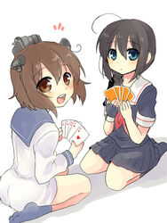  2girls ace_(playing_card) ace_of_hearts ahoge black_hair blue_eyes braid brown_eyes brown_hair card commentary_request dress heart holding holding_card jack_(playing_card) jack_of_hearts kantai_collection king_(playing_card) king_of_hearts_(playing_card) kneeling long_hair looking_at_viewer multiple_girls nagasioo notice_lines open_mouth playing_card playing_games pleated_skirt poker queen_(playing_card) queen_of_hearts_(playing_card) royal_flush sailor_dress school_uniform serafuku shigure_(kancolle) short_hair single_braid sitting skirt ten_of_hearts yukikaze_(kancolle) 