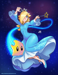  artist_name ass blonde_hair blue_dress blue_eyes breasts crown darwin_nunez dress earrings female floating full_body hair_over_one_eye high_heels jewelry long_hair long_sleeves luma mario_(series) nintendo parted_lips rosetta_(mario) small_breasts space super_mario_galaxy wand 