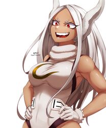  :d absurdres animal_ears armpits artist_name bare_arms bare_shoulders boku_no_hero_academia breasts commentary covered_navel dark-skinned_female dark_skin english_commentary evil_smile female from_side fur_trim gloves groin halterneck hands_on_own_hips highres large_breasts leotard long_hair looking_afar mirko nyxkz open_mouth parted_bangs rabbit_ears rabbit_girl red_eyes short_eyebrows sidelocks signature simple_background smile solo standing straight_hair superhero_costume swept_bangs taut_clothes teeth toned turtleneck upper_body v-shaped_eyebrows white_background white_gloves white_hair white_leotard 