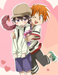  blush box chocolates gift gift_box green_shoes heart heart_background kiriya_gymno lolicon multiple_boys newsboy_cap nori_(school_boys!) orange_eyes orange_hair purple_eyes purple_hair school_boys! shoes smile sneakers soccer_uniform striped_background sweatshirt tentacle wink yaoi yuuhi_(school_boys!) 