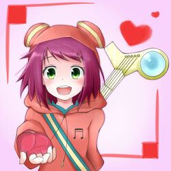  bangs blush capcom eyebrows_visible_through_hair female fingerless_gloves green_eyes heart hibiki_misora musical_note open_mouth pink_gloves portrait purple_hair reaching_out rockman ryuusei_no_rockman short_hair smile solo teeth 