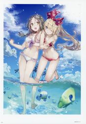  2girls :d absurdres ass_visible_through_thighs atelier_(series) atelier_firis barefoot bikini blonde_hair blue_eyes bow braid breasts brown_hair butterflyfish cloud day firis_mistlud fish frilled_bikini frills front-tie_top green_eyes groin hairbow highres hug hug_from_behind ilmeria_von_leinweber large_breasts long_hair lowleg lowleg_bikini multiple_girls navel ocean official_art one_eye_closed open_mouth outdoors partially_underwater_shot red_bikini scan side_braid sky small_breasts smile standing standing_on_one_leg swimsuit thigh_gap tropical_fish wading water water_drop white_bikini yuugen 