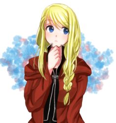  black_shirt blonde_hair blue_background blue_eyes braid commentary_request cosplay edward_elric edward_elric_(cosplay) expressionless eyes_visible_through_hair female fullmetal_alchemist hand_on_own_chin jacket long_hair looking_away machi_(xxx503r) pink_background purple_background red_jacket shirt simple_background solo upper_body white_background winry_rockbell 