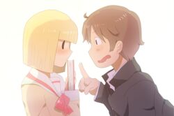  1boy black_eyes blonde_hair blush book brown_hair commentary_request daiku_kenzaburou female nichijou pointing school_uniform sekiguchi_yuria shikako_(tomatominamihaba) tokisadame_school_uniform 