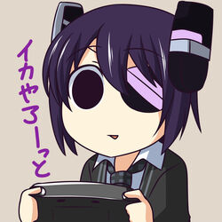  black_hair checkered_necktie chibi commentary_request dress_shirt empty_eyes eyepatch female game_console hair_ornament headgear kantai_collection necktie nishi_koutarou open_mouth painttool_sai_(medium) shirt short_hair smile solo splatoon_(series) splatoon_1 tenryuu_(kancolle) translated upper_body wii_u wii_u_gamepad 