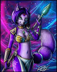  anthro armor better_version_at_source breasts canid canine cleavage clothed clothing collar distracting_watermark fox fur green_eyes hair jewelry krystal_(star_fox) mammal melee_weapon navel necklace nintendo penmark polearm purple_body purple_fur purple_hair skimpy staff star_fox tattoo unconvincing_armor watermark weapon 