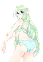  absurdres ahoge ass back bra closed_mouth commentary_request crotch_seam elf elna_ladylake female from_behind frown genderswap_(mtf) green_bra green_hair green_panties highres kanmuri_(kannmuri0227) light_blush long_hair looking_at_viewer looking_back original panties pointy_ears purple_eyes rule_63 simple_background solo standing sweatdrop thighs ts._isekai_ni_hitotsu_&quot;motte_ikanai_mono&quot;_wa_nan_desu_ka? underwear underwear_only very_long_hair white_background 