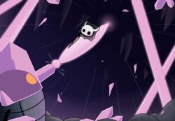  anthro battle black_eyes crystal crystal_guardian_(hollow_knight) digital_media_(artwork) duo empty_eyes featureless_hands grey_body holding_object holding_weapon hollow_knight horn infected_(species) krackdown9 low-angle_view melee_weapon midair mouthless orange_eyes team_cherry the_knight_(hollow_knight) toony weapon 