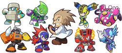  6+boys ;) acid_man aged_down android arm_cannon blast_man block_man blue_eyes bounce_man brown_hair chibi commentary_request crossed_arms dr._wily_(mega_man) fire fuse_man helmet impact_man kin_niku lab_coat male_focus mega_man:_powered_up mega_man_(classic) mega_man_(series) mega_man_11 multiple_boys official_style one_eye_closed orange_eyes outstretched_arm parody pointing pointing_at_self purple_eyes red_eyes robot sideburns simple_background smile style_parody torch_man tundra_man weapon white_background 