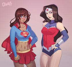  2girls asami_sato avatar:_the_last_airbender black_hair blue_eyes blush breasts brown_hair cape cleavage cosplay crossover dark_skin dc_comics gloves green_eyes headdress korra legend_of_korra multiple_girls nickelodeon open_mouth owler red_skirt s_shield shiny shiny_skin smile supergirl supergirl_(cosplay) superman_(series) the_legend_of_korra wonder_woman wonder_woman_(cosplay) wonder_woman_(series) 