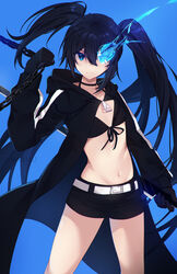  bikini bikini_top_only black_bikini black_choker black_coat black_gloves black_hair black_rock_shooter black_rock_shooter_(character) black_shorts blue_background blue_eyes chains choker closed_mouth coat female flaming_eye flat_chest floating_hair front-tie_bikini_top front-tie_top gloves groin hair_between_eyes halterneck highres holding holding_sword holding_weapon hood hood_down hooded_coat k-rumi long_hair midriff navel open_clothes open_coat short_shorts shorts simple_background solo standing stomach swimsuit sword very_long_hair watermark weapon 