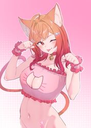  absurdres ahoge alternate_costume animal_ears bell blush breasts cat_ears cat_tail cleavage cleavage_cutout clothing_cutout collar female hair_ornament hairpin heart heart_tattoo highres hololive hololive_dev_is ichijou_ririka inuinuo_gataken long_hair looking_at_viewer multicolored_hair navel neck_bell one_eye_closed orange_eyes orange_hair paw_print_tattoo solo tail tattoo tongue tongue_out virtual_youtuber 