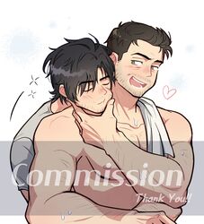  2boys bad_id bad_twitter_id bara beard_stubble blush character_request commission couple facial_hair feeling_facial_hair final_fantasy head_on_another&#039;s_shoulder heart highres hug hug_from_behind male_focus multiple_boys muscular muscular_male mustache_stubble pectorals short_hair sideburns_stubble smile sparse_arm_hair sparse_chest_hair squeans stubble thick_eyebrows upper_body waking_up wasted_m9 watermark wrinkled_skin yaoi 