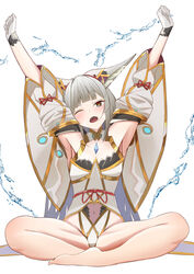  absurdres animal_ear_fluff animal_ears armpits arms_up bare_legs cat_ears chest_jewel commission covered_navel detached_sleeves eteko_(eteco30) facial_mark female gloves grey_hair highleg highleg_leotard highres indian_style leotard long_hair navel nia_(blade)_(xenoblade) nia_(xenoblade) oerba_yun_fang one_eye_closed open_mouth simple_background sitting skeb_commission solo stretching very_long_ears very_long_hair water white_gloves xenoblade_chronicles_(series) xenoblade_chronicles_2 yawning 