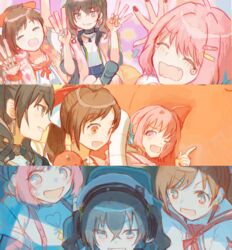  #unicus_(idolmaster) 3girls ^_^ between_fingers black_hair blush brown_hair character_doll cleavage_cutout closed_eyes clothing_cutout fingernails glowstick goto_(cach8237) headset heart_cutout holding idolmaster idolmaster_cinderella_girls looking_at_another mole mole_under_eye multiple_girls multiple_views nail_polish oerba_yun_fang pink_hair ringorou_(idolmaster) smile sunazuka_akira tears tsujino_akari yumemi_riamu 