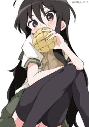  absurdres black_thighhighs blush bread brown_eyes brown_hair commentary covered_mouth dot_nose eating feet_out_of_frame female food green_skirt hair_between_eyes highres holding holding_food knees_up long_hair looking_at_viewer melon_bread puffy_short_sleeves puffy_sleeves school_uniform serafuku shakugan_no_shana shana shirt short_sleeves simple_background sitting skirt solo thighhighs twitter_username very_long_hair white_background white_gorilla_(okamoto) white_shirt zettai_ryouiki 