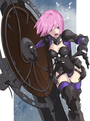  absurdres armor armored_boots armored_leotard black_armor black_footwear black_gloves black_leotard boots breasts cleavage eyebrows_hidden_by_hair fate/grand_order fate_(series) female gloves gorget groin hair_between_eyes highres holding holding_shield leotard looking_at_viewer lord_camelot_(fate) mash_kyrielight mash_kyrielight_(ortenaus) medium_breasts open_mouth pink_hair pretty-purin720 purple_eyes purple_thighhighs shield short_hair snow snowing solo teeth thigh_gap thighhighs thighs 