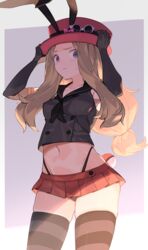  adapted_costume black_panties black_thighhighs brown_hair cosplay covered_nipples elbow_gloves female gloves highres kantai_collection light_blush long_hair looking_at_viewer low-tied_long_hair microskirt navel panties poke_ball poke_ball_(basic) pokemon pokemon_xy sailor_collar serena_(pokemon) shimakaze_(kancolle) shimakaze_(kancolle)_(cosplay) skirt solo spring2013 standing stomach striped_clothes striped_thighhighs sweatdrop thighhighs thong underwear 