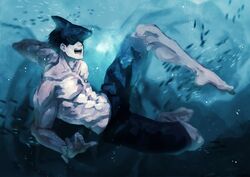  1boy beam_(chainsaw_man) black_hair chainsaw_man den2_saw fangs fish highres male_focus male_swimwear medium_hair monster_boy muscular muscular_male open_mouth shark shark_boy sharp_teeth short_hair submerged swim_trunks swimming teeth underwater water 