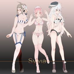  3girls :o arm_behind_back bangs bare_arms bikini blue_eyes blue_legwear blunt_bangs blush boots bow bra breasts brown_eyes cleavage closed_mouth collarbone commentary_request contrapposto cross-laced_footwear danganronpa_(series) danganronpa_2:_goodbye_despair full_body garter_straps genderswap_(mtf) gradient gradient_background grey_hair groin hair_between_eyes hair_ornament hands_up hat high_heel_boots high_heels highres hinata_hajime komaeda_nagito lace-up_boots large_breasts leg_up light_brown_hair long_hair looking_at_viewer medium_breasts medium_hair multiple_girls nanami_chiaki navel panties pink_eyes pink_hair pink_panties ponytail rule_63 shoes short_hair side-tie_panties small_breasts smile standing standing_on_one_leg stomach striped striped_legwear swimsuit thighhighs tuteurfars_shin underwear vertical-striped_legwear vertical_stripes very_long_hair white_bikini white_bra white_hair white_legwear white_panties 