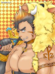  1boy animal_hood arm_tattoo bara bare_pectorals between_pectorals blue_eyes boar_boy boar_hood body_fur brown_hair chest_harness facial_hair forked_eyebrows goatee gullinbursti_(housamo) harness highres hood large_pectorals long_sideburns looking_at_viewer male_focus mature_male muscular muscular_male nipples notakurun oerba_yun_fang pectorals short_hair sideburns smirk solo tattoo tokyo_afterschool_summoners upper_body 