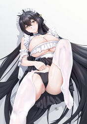  absurdly_long_hair absurdres azur_lane black_hair black_panties black_skirt breasts choker cleavage crotchless crotchless_pantyhose feet_out_of_frame female frilled_choker frills hair_between_eyes highres huge_breasts indomitable_(azur_lane) indomitable_(ms._motivationless_maid)_(azur_lane) long_hair looking_at_viewer lying maid_headdress miniskirt official_alternate_costume on_back panties pantyhose pleated_skirt simple_background skindentation skirt solo thighs tierla underwear very_long_hair white_background white_pantyhose yellow_eyes 