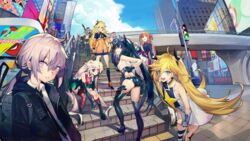  6+girls aa-12_(girls&#039;_frontline) ahoge anniversary architect_(girls&#039;_frontline) ass asymmetrical_legwear backpack bad_link bag bare_shoulders billboard black_hair blonde_hair blue_eyes breasts bridge city cityscape clear_(djmax) cleavage collarbone crossover cup disposable_coffee_cup disposable_cup djmax djmax_respect eyepatch fail_(djmax) girls&#039;_frontline green_hair hat jacket kneehighs large_breasts light_purple_hair long_hair looking_at_viewer low_ponytail m200_(girls&#039;_frontline) medium_breasts medium_hair messy_hair micro_uzi_(girls&#039;_frontline) mismatched_legwear multiple_girls nail_polish official_art oop orange_hair outdoors pink_eyes pink_nails ponytail purple_eyes red_eyes road s.a.t.8_(girls&#039;_frontline) sangvis_ferri shiny_clothes side_ponytail sidelocks sleeveless smile socks springfield_(girls&#039;_frontline) stairs thighhighs traffic_light twintails v very_long_hair white_hair wide_shot 