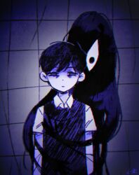  1boy absurdres bad_id bad_pixiv_id bags_under_eyes black_hair black_vest collared_shirt commentary_request highres horror_(theme) kokomi_(aniesuakkaman) male_focus omocat_(style) omori purple_eyes shaded_face shirt short_hair short_sleeves something_(omori) sunny_(omori) tiles upper_body vest white_shirt 