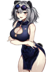  :d absurdres animal_ears arknights armpit_crease bare_arms bare_shoulders black_dress breast_hold breasts china_dress chinese_clothes cleavage cleavage_cutout clothing_cutout cowboy_shot dress eyewear_on_head feater_(arknights) female grey_hair highres large_breasts long_hair looking_at_viewer molyb multicolored_hair no_jacket no_panties open_mouth orange_eyes panda_ears panda_girl panda_tail pelvic_curtain round_eyewear simple_background sleeveless sleeveless_dress smile solo standing streaked_hair sunglasses thighs white_background 