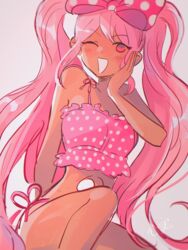  :d bad_id bad_pixiv_id bikini blush bow female grey_background hairbow hand_on_own_cheek hand_on_own_face highres hole_in_stomach hole_on_body kokomi_(aniesuakkaman) long_hair looking_at_viewer omocat_(style) omori one_eye_closed pink_bikini pink_bow pink_eyes pink_hair polka_dot polka_dot_bow sidelocks simple_background smile solo sweetheart_(omori) swimsuit twintails very_long_hair 