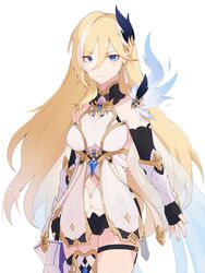  armor armored_dress bare_shoulders bianka_durandal_ataegina bianka_durandal_ataegina_(palatinus_equinox) blonde_hair blue_eyes breasts closed_mouth earrings female fingerless_gloves gauntlets gloves hair_ornament highres holding holding_polearm holding_weapon honkai_(series) honkai_impact_3rd jewelry long_hair looking_at_viewer polearm simple_background single_earring solo spear weapon weeiskaw white_background 