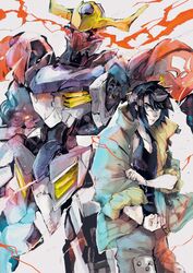  1boy black_hair black_tank_top blue_eyes brown_pants clenched_hand collarbone glowing glowing_eyes green_jacket gundam gundam_barbatos gundam_barbatos_lupus gundam_tekketsu_no_orphans hair_behind_ear highres jacket kare_(0621utak) male_focus mecha mikazuki_augus mobile_suit pants pectorals red_eyes robot science_fiction tank_top v-fin white_background 