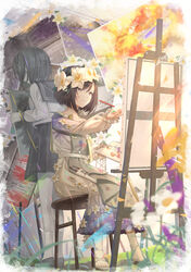  2girls absurdres aged_down apron back-to-back blouse blurry border brown_eyes brown_hair canvas_(object) clenched_teeth closed_mouth collarbone colored_pencil colorful commentary_request concentrating crying daffodil depth_of_field diffraction_spikes doily dress dual_persona easel facing_away floral_print flower from_behind frown glint gradient_dress grass grey_apron grey_dress hair_over_eyes half-closed_eyes head_wreath highres holding holding_palette impressionism jewelry kagirinaku_haiiro_e_(vocaloid) kanji kneehighs light_rays loafers long_sleeves looking_away lushuao mitasarenai_pale_color_(project_sekai) multiple_girls muted_color neck_ring on_stool outstretched_hand paint paint_splatter paint_splatter_on_face paintbrush painting_(action) palette_(object) pencil pleated_skirt project_sekai puffy_long_sleeves puffy_sleeves purple_dress rafters sailor_collar sandals school_uniform shinonome_ena shirt shoes short_hair sitting skirt socks standing stool strap_slip sweat swept_bangs tears teeth toenails translation_request v-shaped_eyebrows white_border white_flower white_legwear 